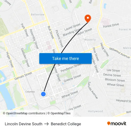 Lincoln Devine South to Benedict College map