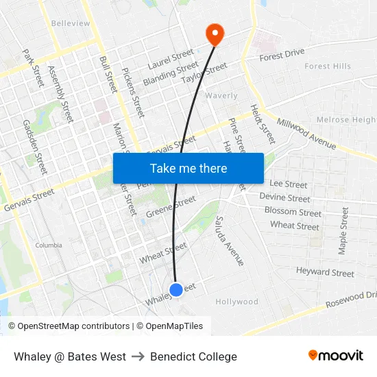Whaley @ Bates West to Benedict College map