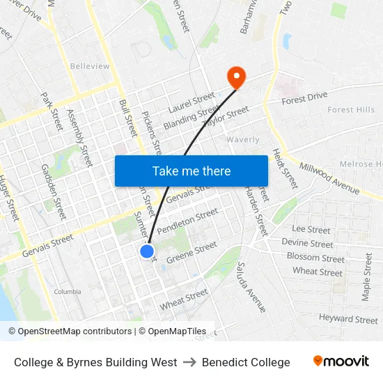 College & Byrnes Building West to Benedict College map