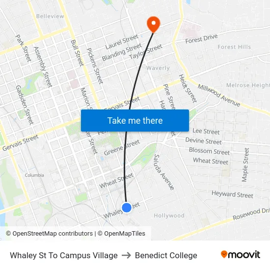 Whaley St To Campus Village to Benedict College map