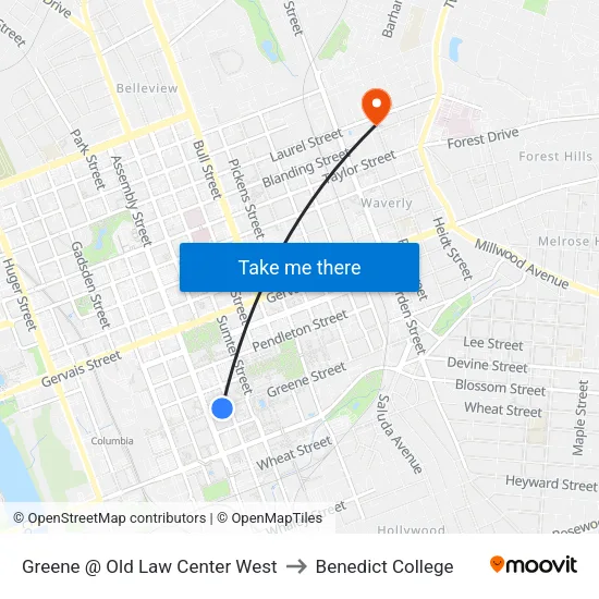 Greene @ Old Law Center West to Benedict College map