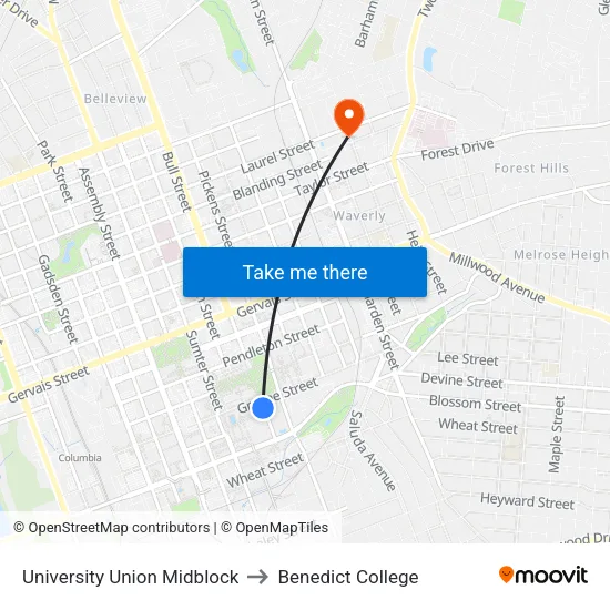 University Union Midblock to Benedict College map