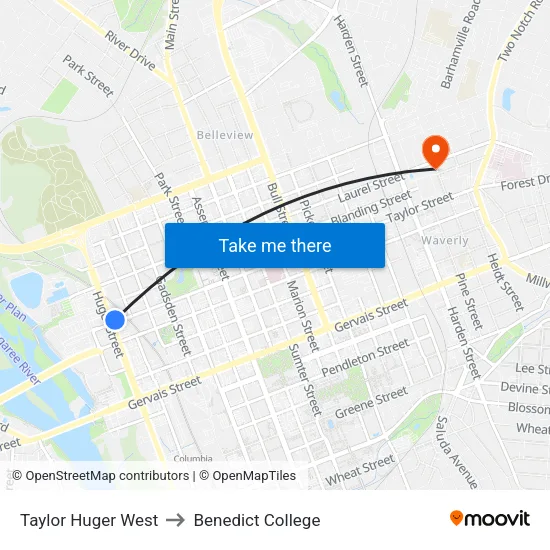 Taylor Huger West to Benedict College map