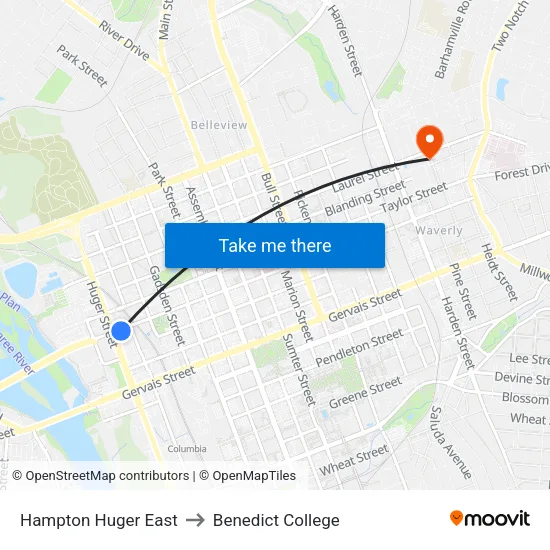 Hampton Huger East to Benedict College map