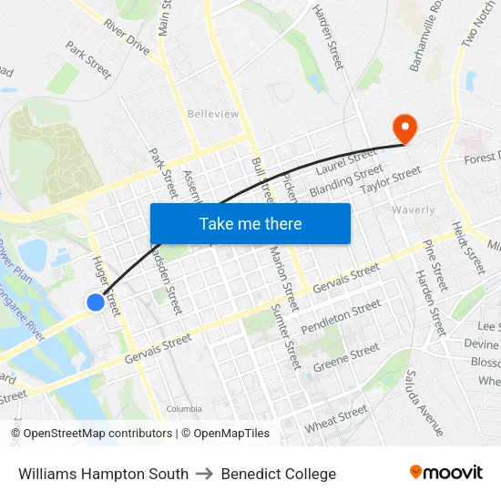 Williams Hampton South to Benedict College map