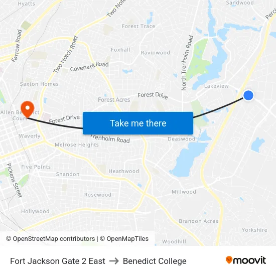 Fort Jackson Gate 2 East to Benedict College map
