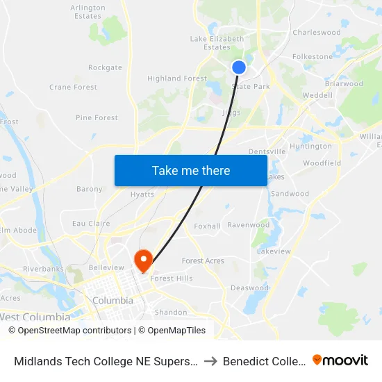 Midlands Tech College NE Superstop to Benedict College map