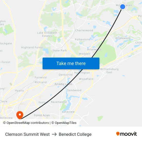 Clemson Summit West to Benedict College map