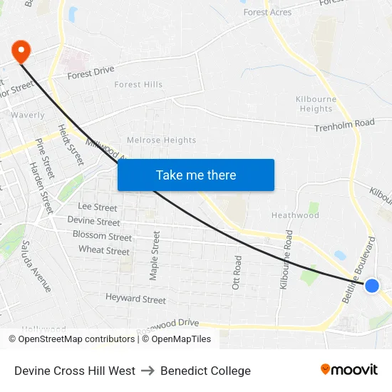 Devine Cross Hill West to Benedict College map