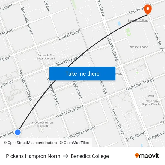 Pickens Hampton North to Benedict College map