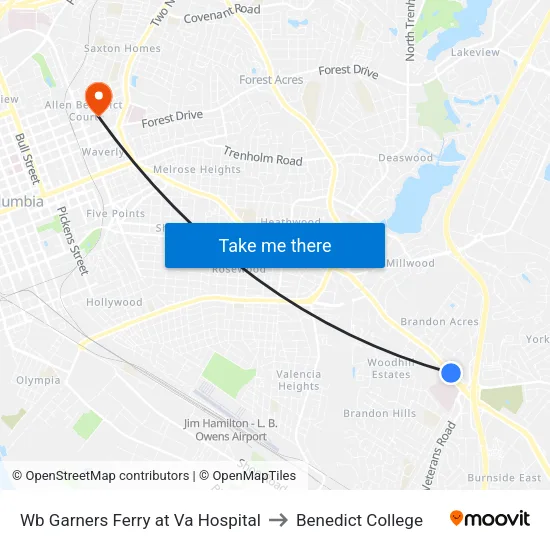 Wb Garners Ferry at Va Hospital to Benedict College map