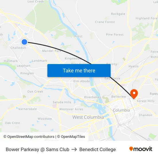 Bower Parkway @ Sams Club to Benedict College map