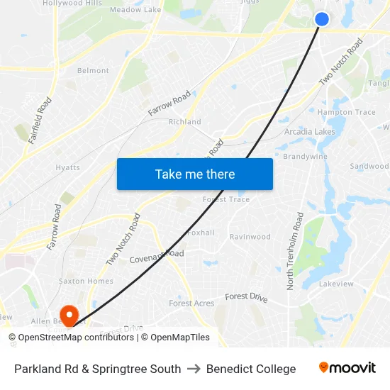 Parkland Rd & Springtree South to Benedict College map
