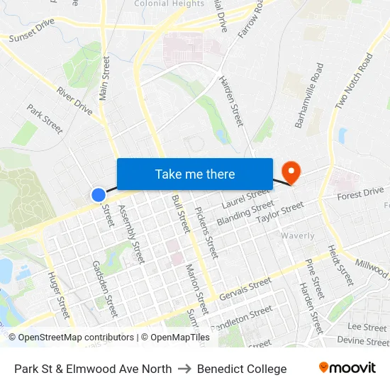 Park St & Elmwood Ave North to Benedict College map