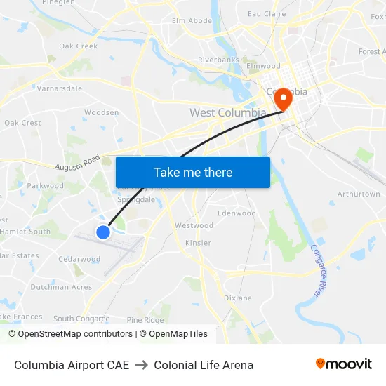 Columbia Airport CAE to Colonial Life Arena map