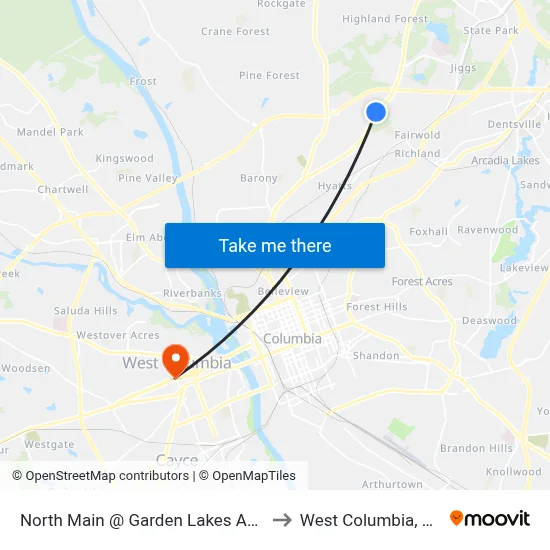 North Main @ Garden Lakes Apt. to West Columbia, SC map