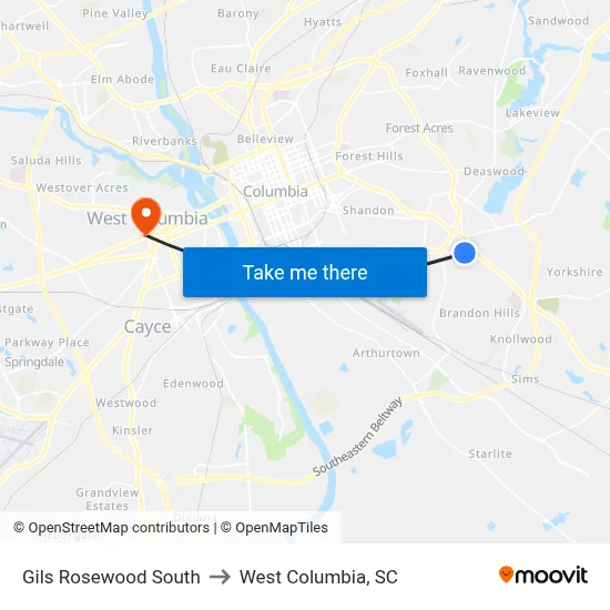 Gils Rosewood South to West Columbia, SC map