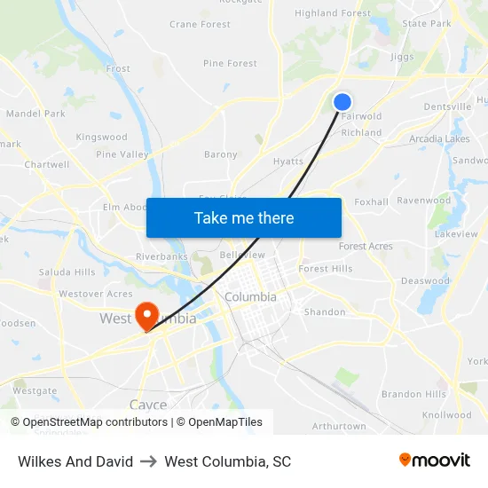 Wilkes And David to West Columbia, SC map