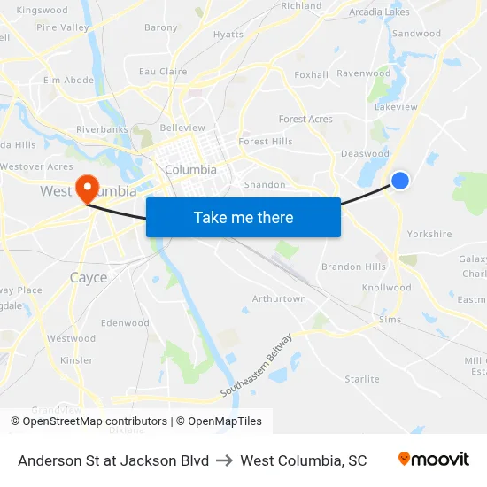 Anderson St at Jackson Blvd to West Columbia, SC map