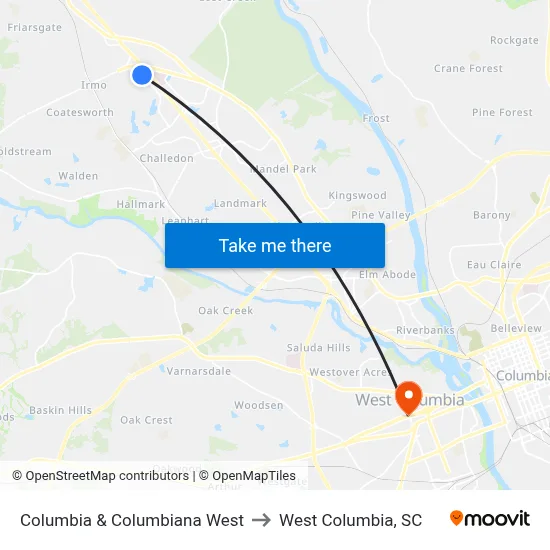 Columbia & Columbiana West to West Columbia, SC map