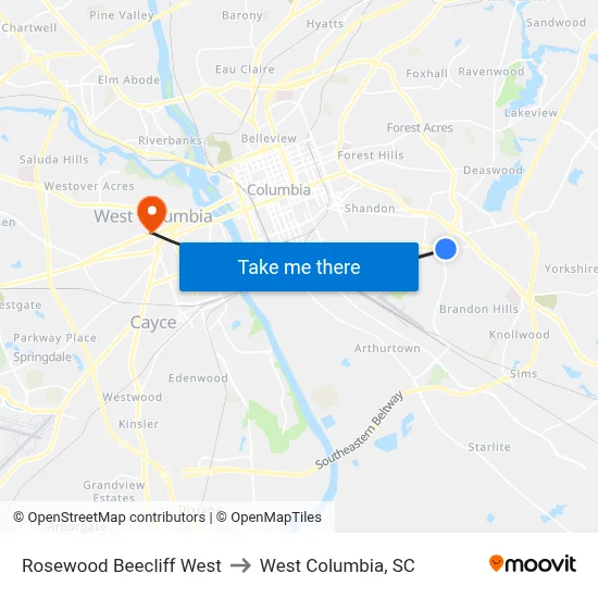 Rosewood Beecliff West to West Columbia, SC map