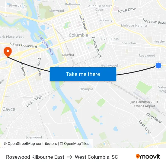 Rosewood Kilbourne East to West Columbia, SC map