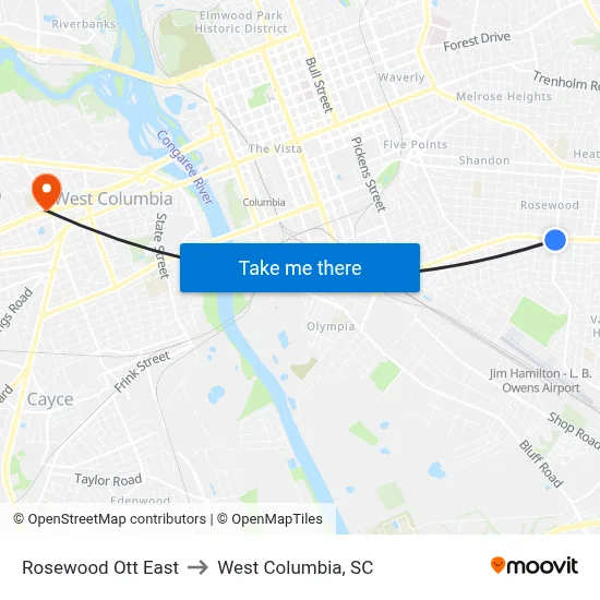 Rosewood Ott East to West Columbia, SC map