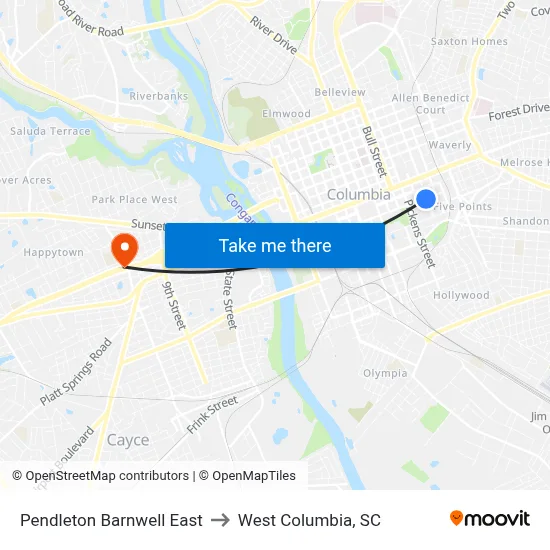 Pendleton Barnwell East to West Columbia, SC map