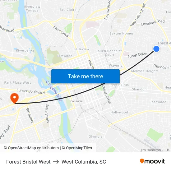 Forest Bristol West to West Columbia, SC map