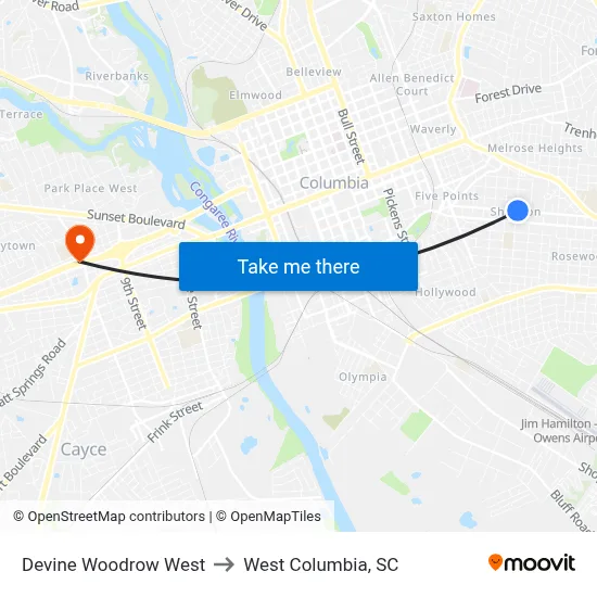 Devine Woodrow West to West Columbia, SC map