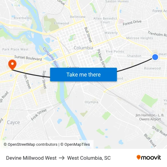Devine Millwood West to West Columbia, SC map