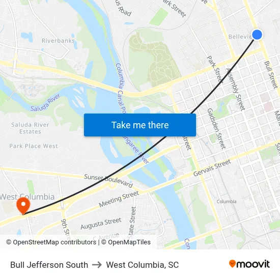Bull Jefferson South to West Columbia, SC map