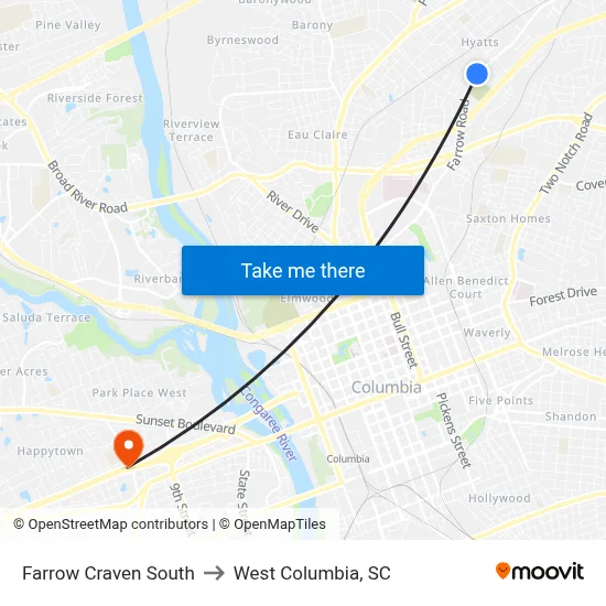Farrow Craven South to West Columbia, SC map