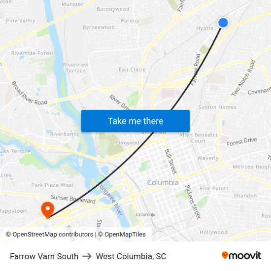 Farrow Varn South to West Columbia, SC map