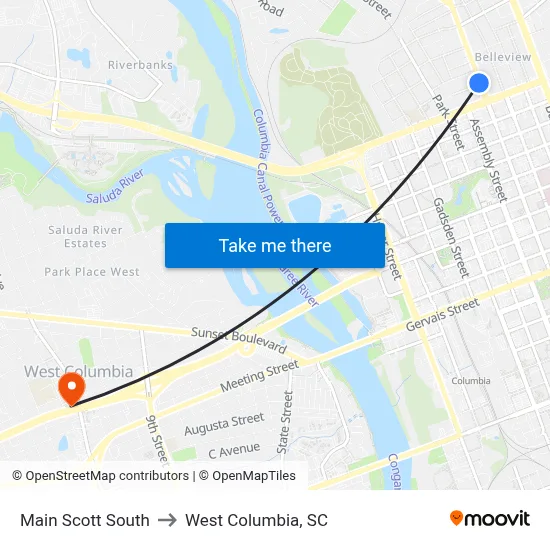 Main Scott South to West Columbia, SC map