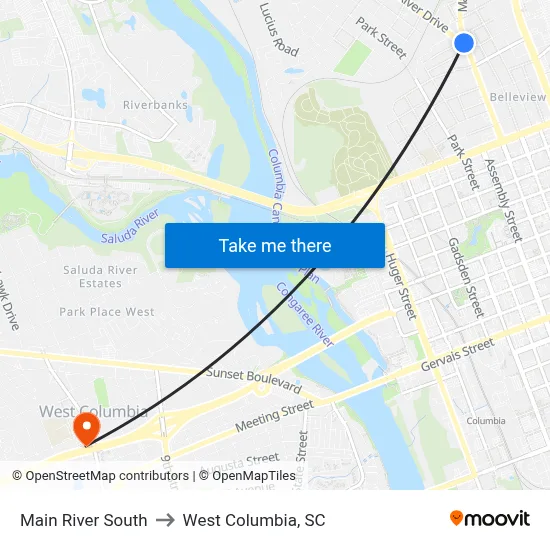 Main River South to West Columbia, SC map