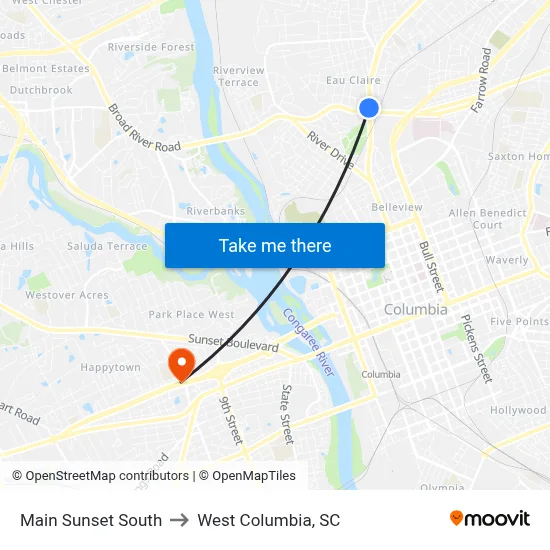 Main Sunset South to West Columbia, SC map