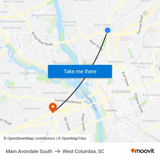 Main Avondale South to West Columbia, SC map