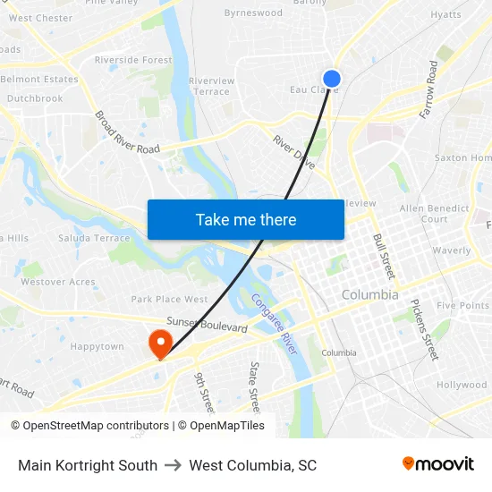 Main Kortright South to West Columbia, SC map