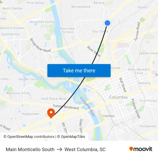 Main Monticello South to West Columbia, SC map
