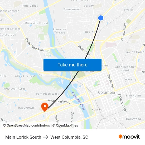 Main Lorick South to West Columbia, SC map
