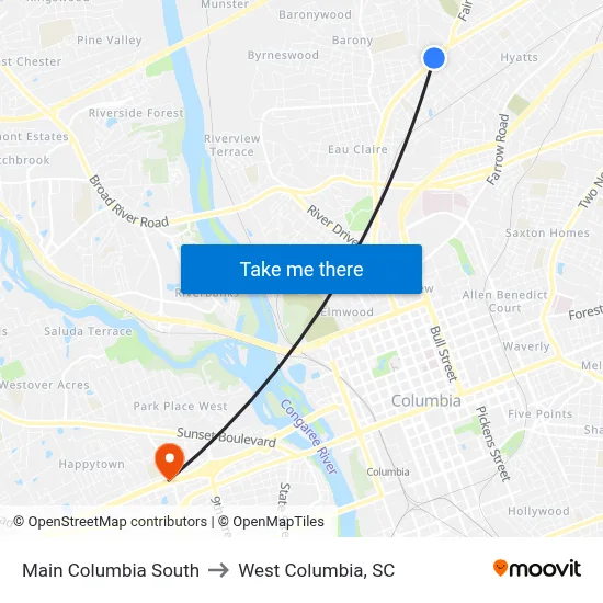 Main Columbia South to West Columbia, SC map