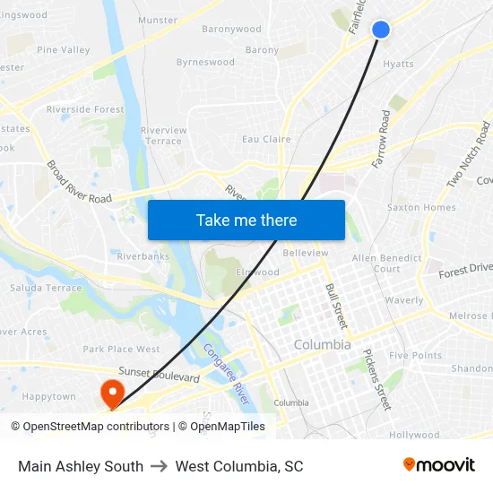 Main Ashley South to West Columbia, SC map