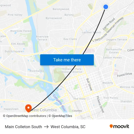 Main Colleton South to West Columbia, SC map