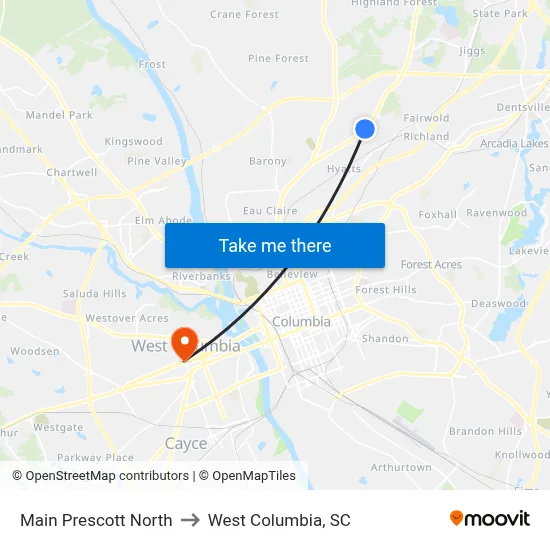 Main Prescott North to West Columbia, SC map