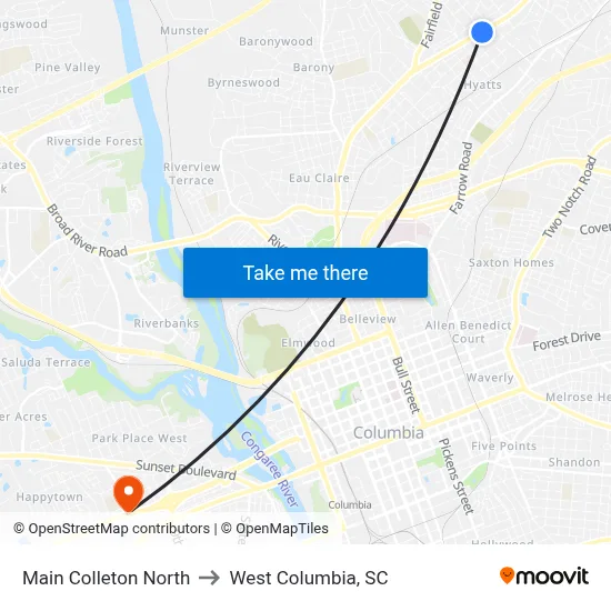 Main Colleton North to West Columbia, SC map