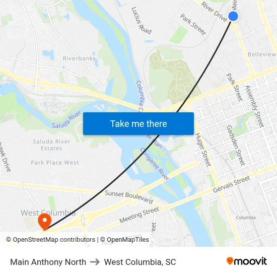 Main Anthony North to West Columbia, SC map
