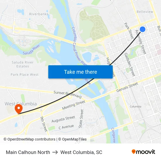 Main Calhoun North to West Columbia, SC map