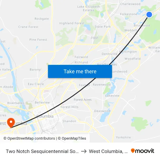 Two Notch Sesquicentennial South to West Columbia, SC map