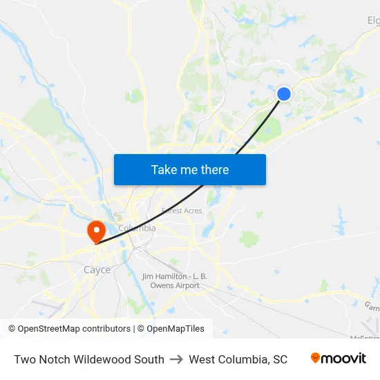 Two Notch Wildewood South to West Columbia, SC map